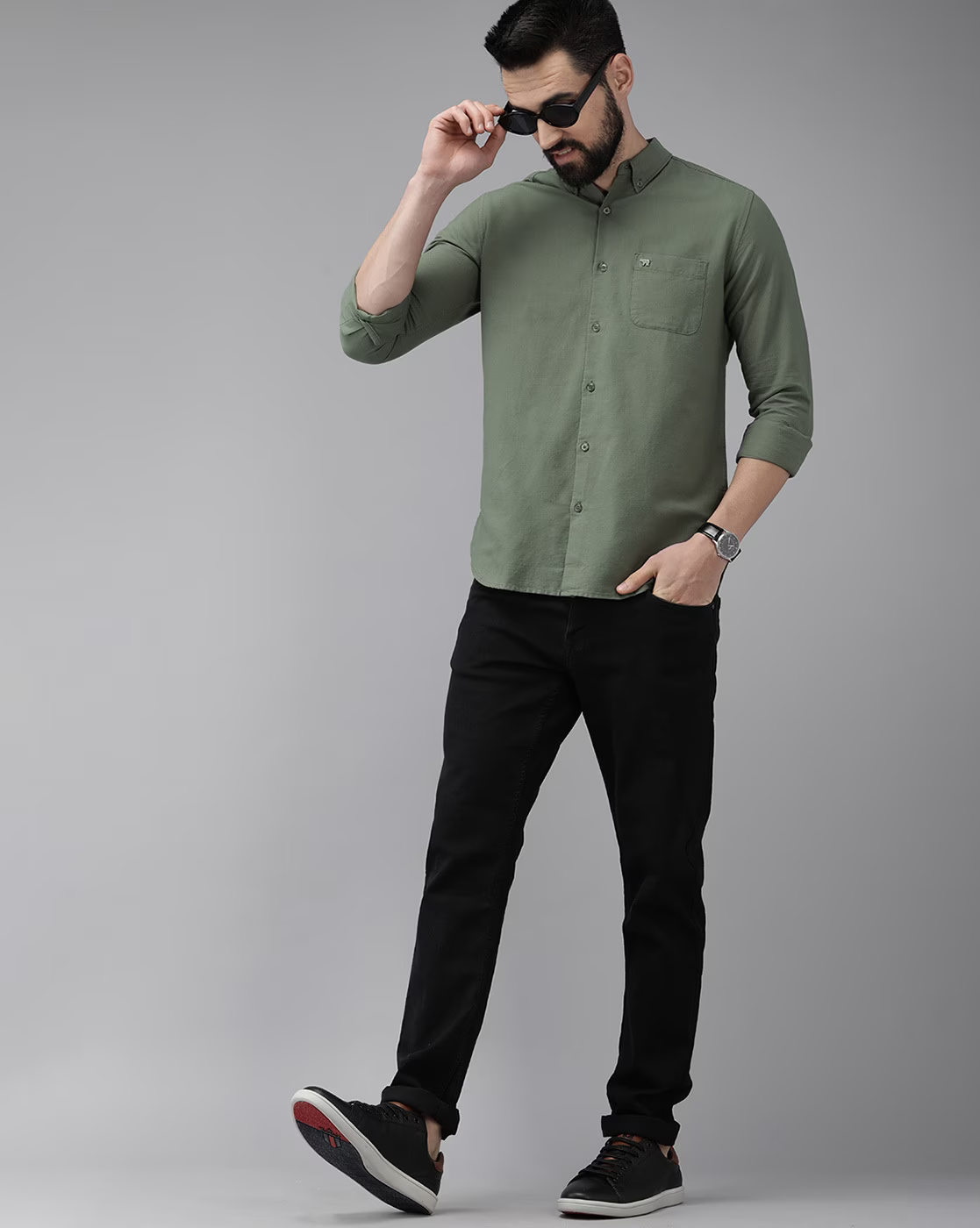 Men's Slim Fit Shirt with Patch Pocket - Olive Green